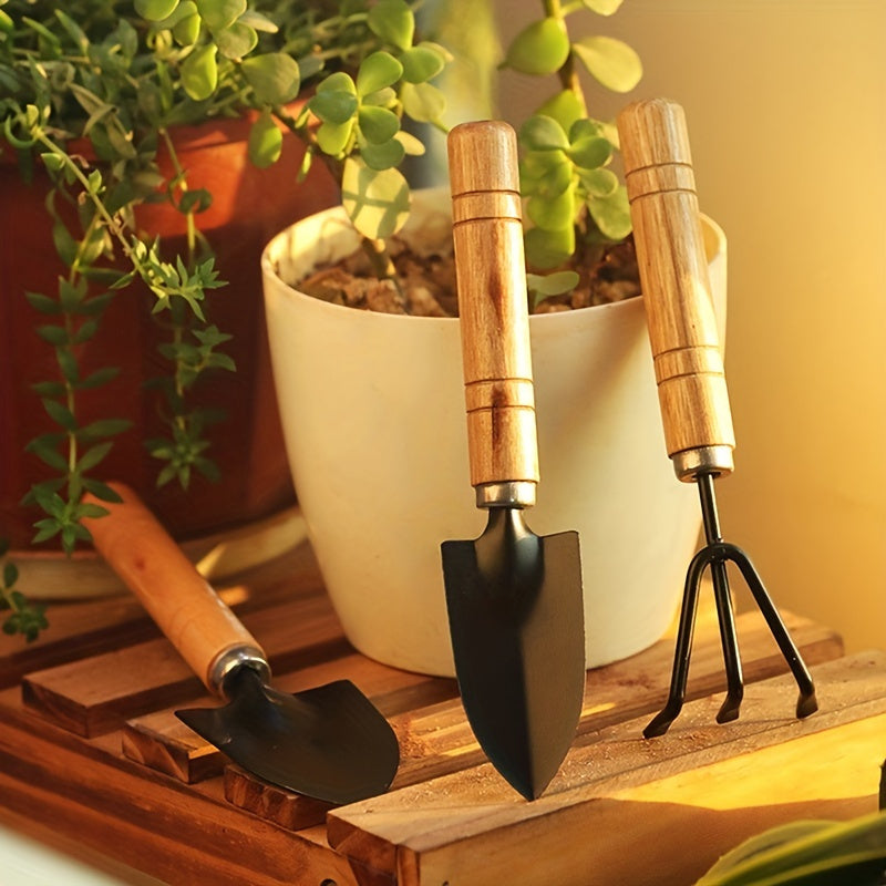 Premium Aluminum Alloy Gardening Tool Set with Wooden Handle - Includes Rake, Shovel and Mini Succulent Tool for Effective Soil Loosening and Plant Care Gardening Tools Gardening Tools and Equipment
