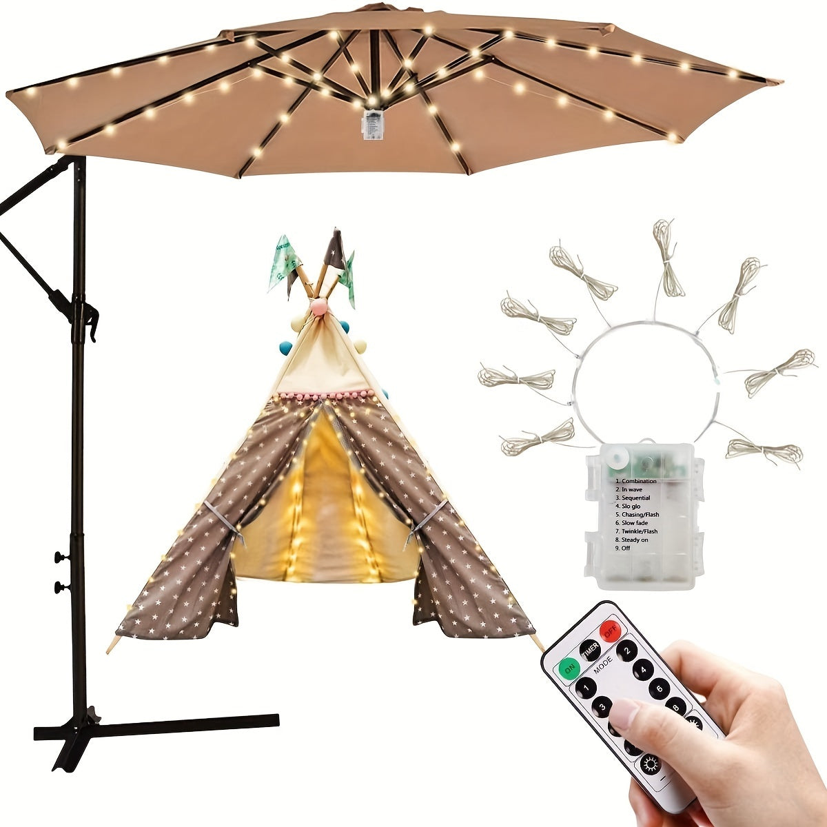 1pcs Garden Umbrella Light with Remote Control, 8 Modes Waterproof LED Outdoor Umbrella Light Battery Powered for Decoration Outdoor Party, Wedding, Festival (Remote Control with Button Battery, Battery Box Not Included)