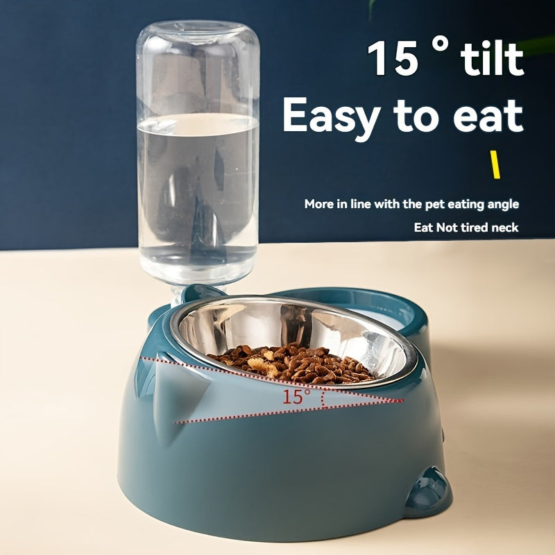 2 in 1 Pet Feeder with Automatic Drinking Fountain, Non-slip Tilt Stainless Steel Cat and Dog Food Bowl, No Batteries Required, No Power Supply Required, Automatic Feeder for Cats