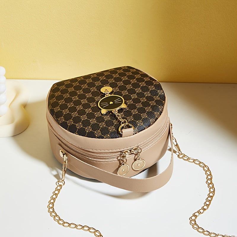 Girls classic fashion diamond letter print round crossbody bag with chain and zipper closure, casual simple commuter shoulder bag suitable for travel and daily use
