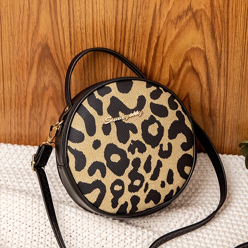 1pcs Girls Vintage Leopard Print Small Round Bag, Cute Small Fashion Handbag, Zipper Casual Shoulder Bag