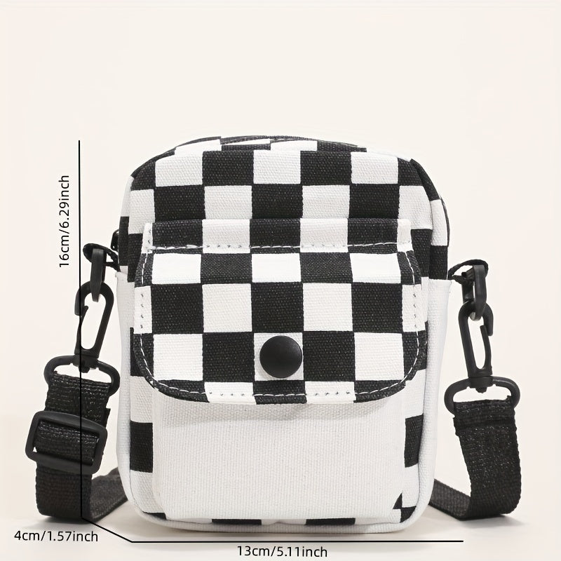 Check canvas crossbody bag, square wallet in front pocket, mini shoulder bag with space for phone and keys