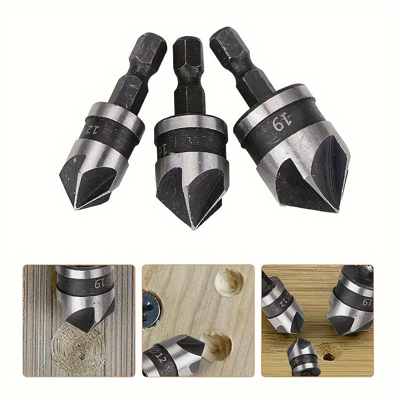 3pcs Carbon Steel 90 Degree Countersink Drill Bits, 1/4 Inch Hex Shank Woodworking Hole Making Drill Bits for Woodworking, Metalworking, and DIY Projects