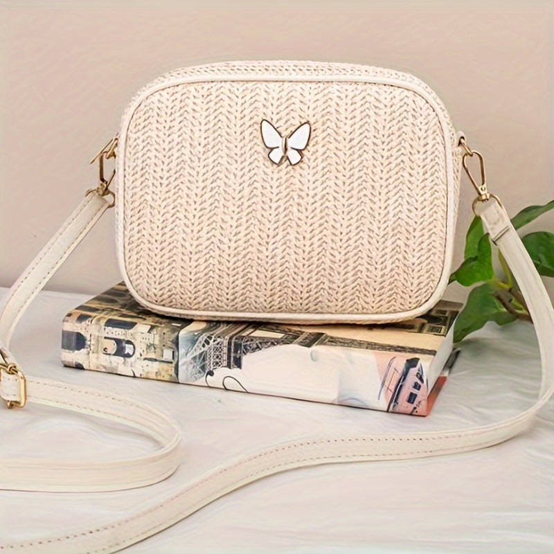 Small Butterfly Decorated Straw Crossbody Bag - Stylish, Sweet, Versatile Mini Bag for Women - Great for Daily Use, Travel and Outdoor Activities