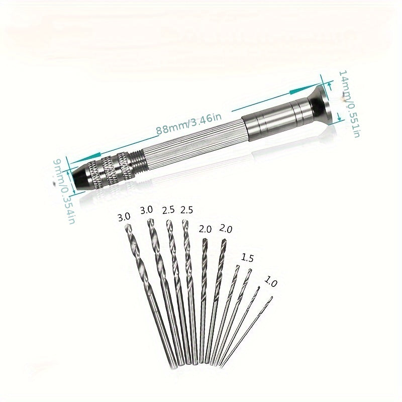 Versatile Mini Hand Drill Set with 10 Drill Bits - Great for Jewelry, Resin Crafts and Model Making, Metal Construction