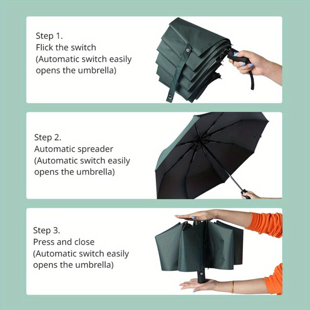 Automatic opening folding umbrella with UV protection, 8 steel ribs, 190T polyester pongee fabric, windproof, compact, sun and rain protection - Professional for business and travel