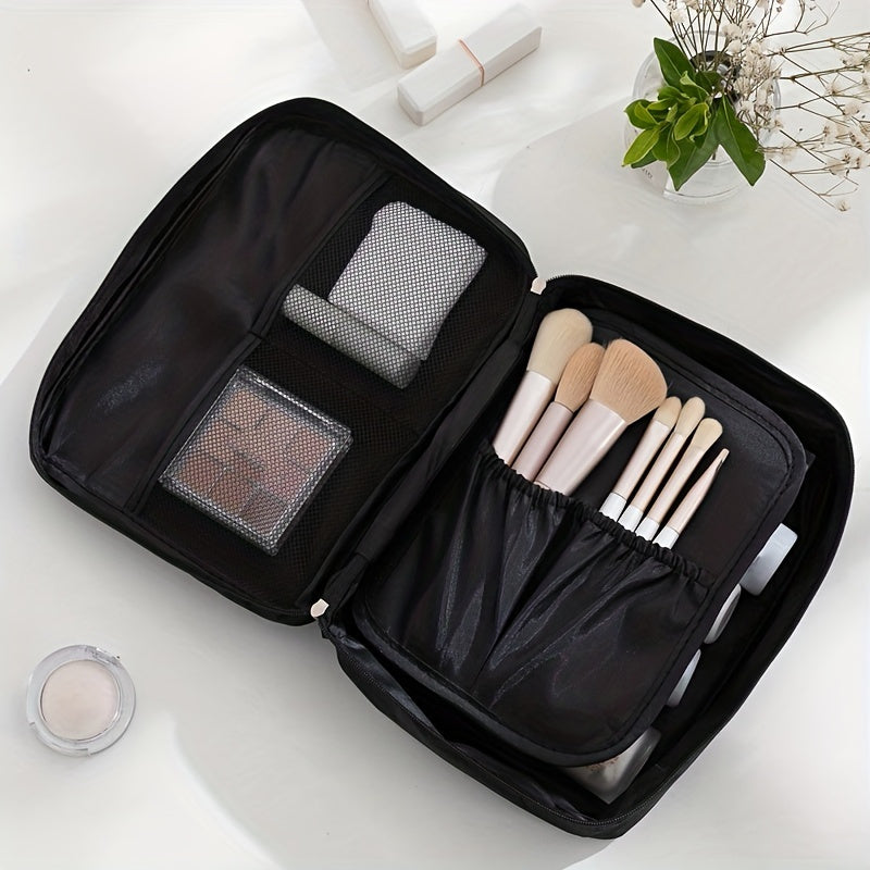 Versatile Black Canvas Cosmetic Bag with Secure Zipper - Waterproof, Multi-compartment Storage for Makeup and Toiletries, Great for Travel and Daily Use