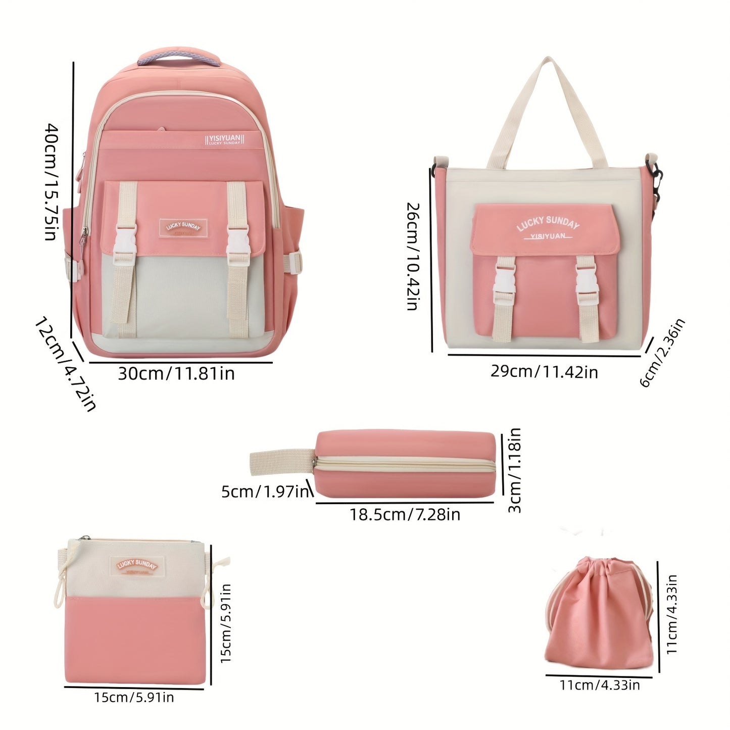 5-Piece Women's Fashion Backpack Set Preppy Style Black Pink Blue Green Purple Oxford Cloth with Adjustable Shoulder Straps and Zipper Closure, Polyester Lining