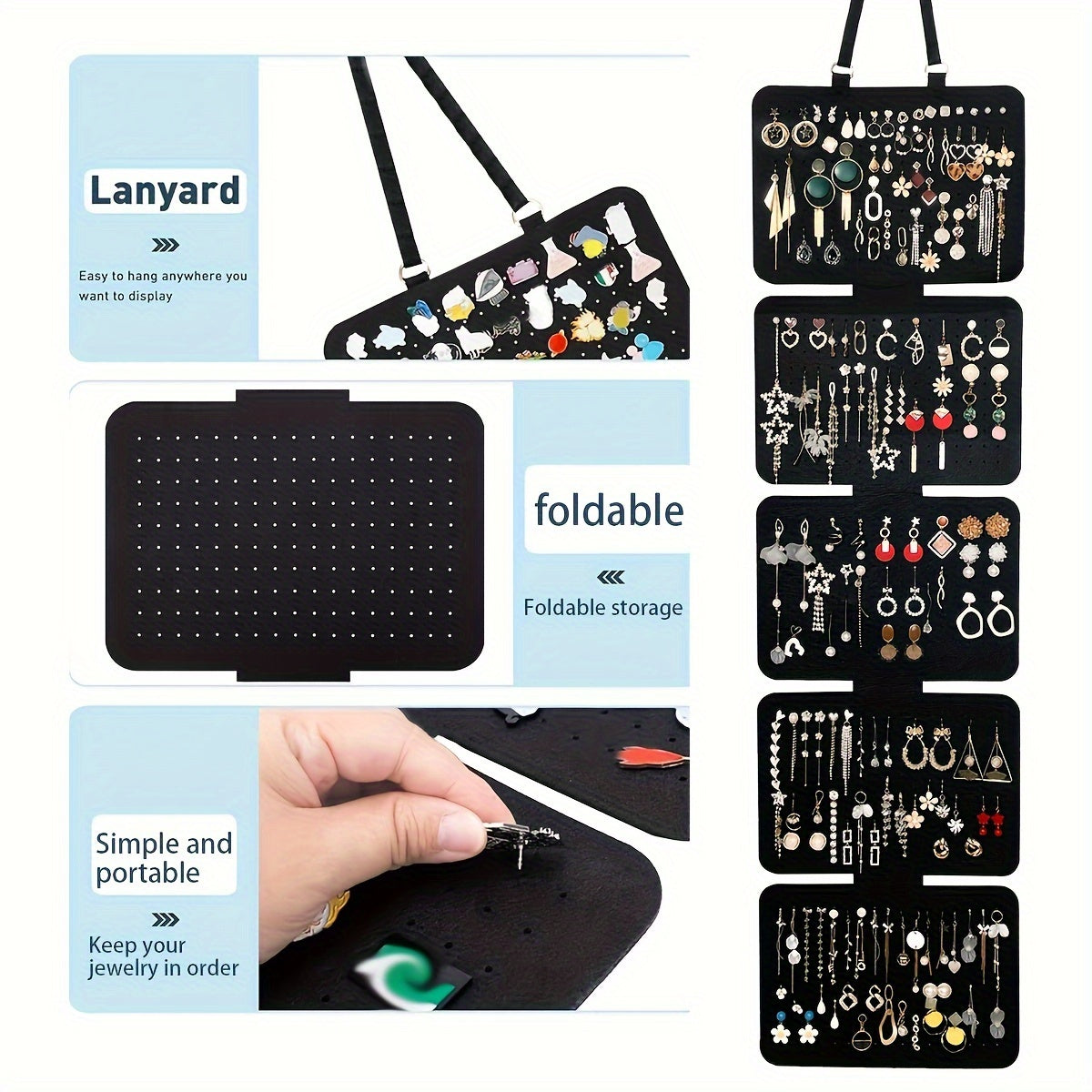 1pc Elegant Black Felt Jewelry Storage Box - 5-Layer Hanging Storage with Large Capacity and Foldable Design for Earrings, Pendants, Necklaces and Bracelets - Versatile Badge and Pin Display with Lanyard