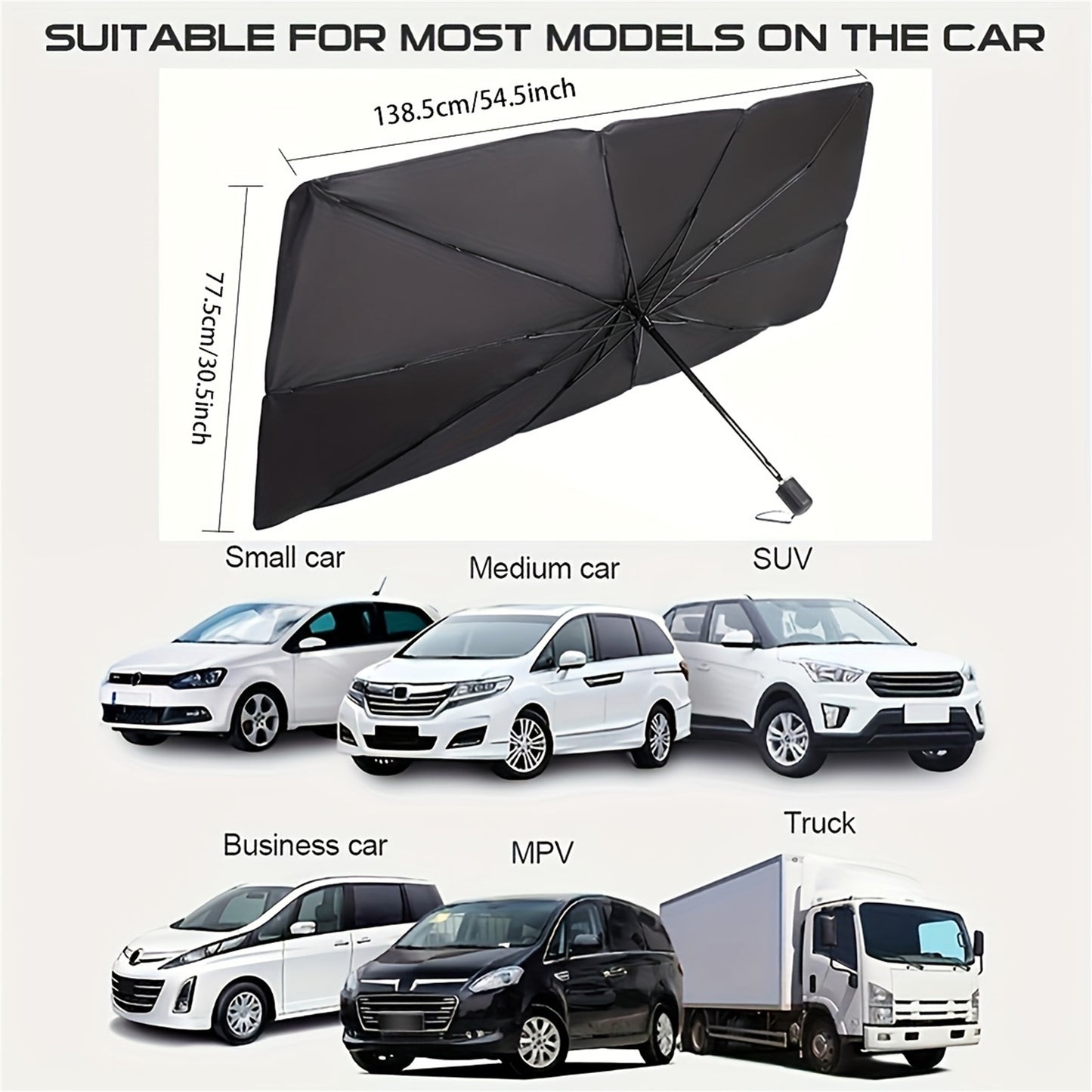 Portable foldable windproof sunshade | UV protection and heat reduction | Easy to use and store | Fits most models including SUV, MPV and trucks | Sunshade accessories