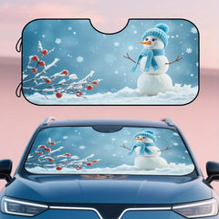 1pc Festive Winter Snowman Car Sunshade Foldable Windshield Cover with Snowy Scene Print Durable Polyester for SUV Sedan and Truck Ideal for Winter Travel & Gifting Winter Car Accessories