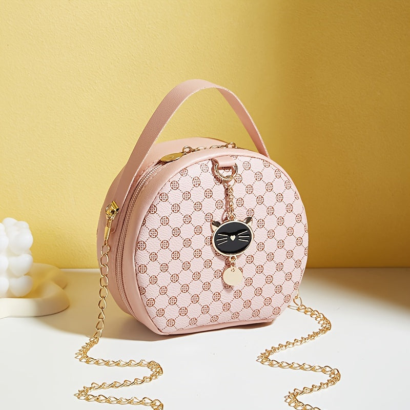 Girls classic fashion diamond letter print round crossbody bag with chain and zipper closure, casual simple commuter shoulder bag suitable for travel and daily use