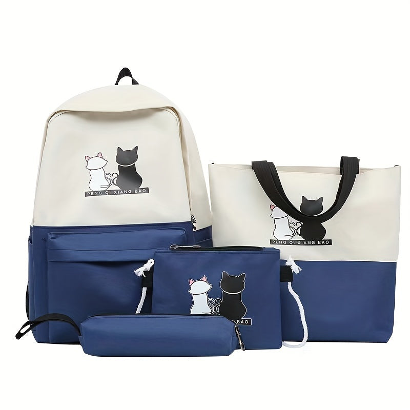 4-piece kitten print backpack set with matching tote, pencil case and wallet - durable oxford material with adjustable shoulder straps for travel and school