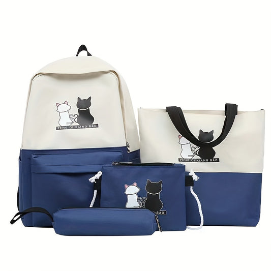4-piece kitten print backpack set with matching tote, pencil case and wallet - durable oxford material with adjustable shoulder straps for travel and school