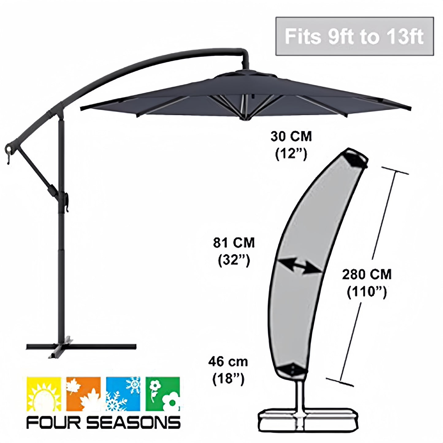 280cm Waterproof Outdoor Umbrella Cover 420D Oxford Cloth, Anti-UV Patio Parasol Cover with Storage Bag, Dust-Proof Black Canopy Sunshade Cover for 3.35m to 4.27m Garden Parasol