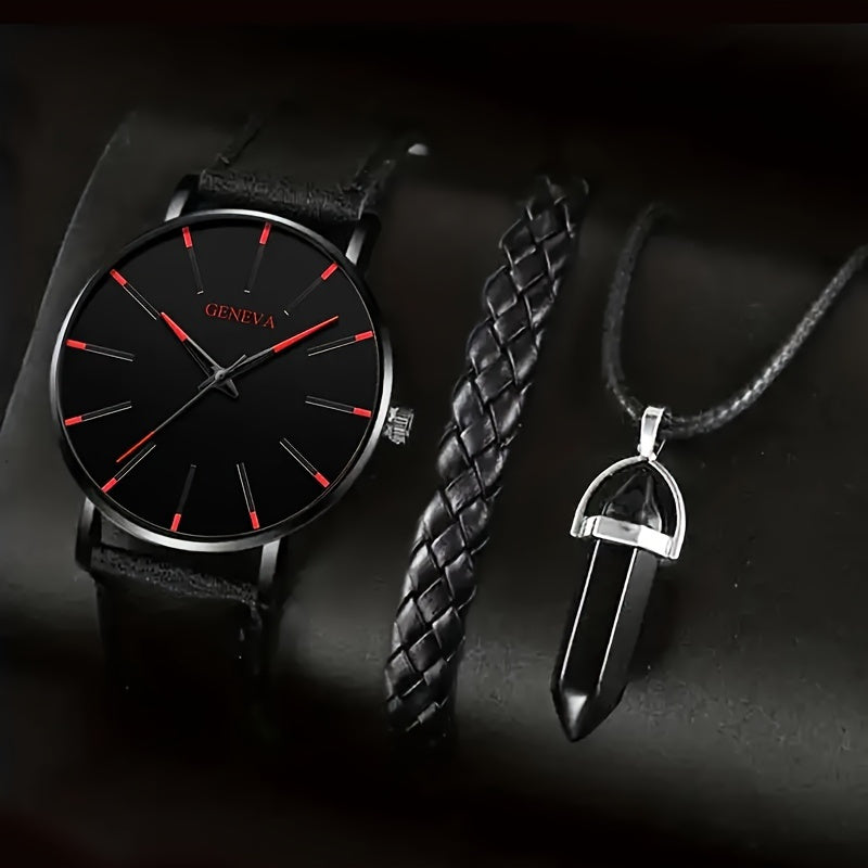 1pc Round Men's Quartz Watch & 1pc Bracelet & 1pc Necklace Set
