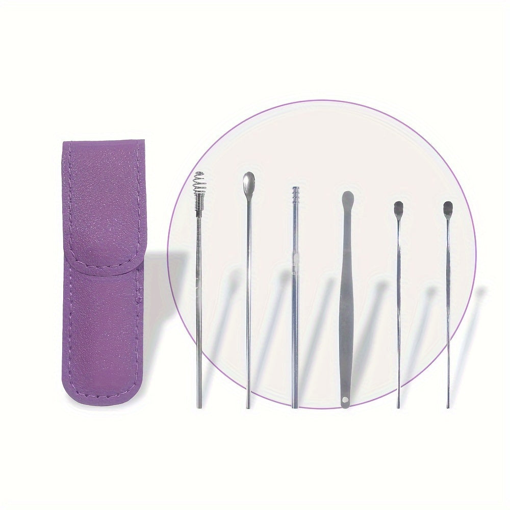 6 in 1 Stainless Steel Ear Wax Removal Tool Kit with PU Leather Case - Portable Ear Cleaner Set with Multiple Heads and Spoon for Ear Care in Stick Shape, No Batteries Required