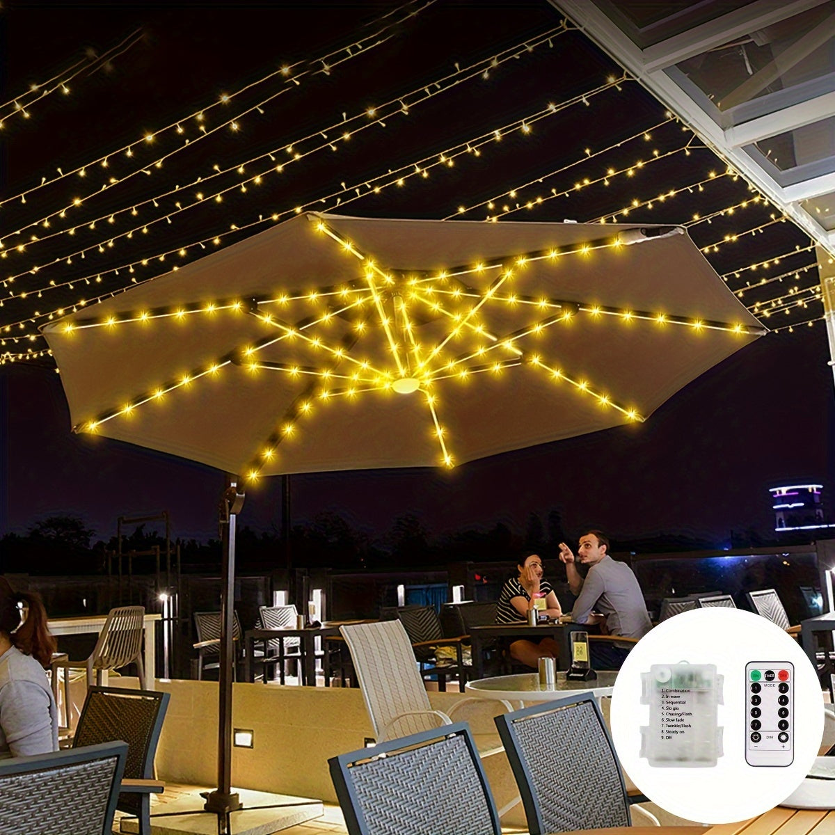 1pcs Garden Umbrella Light with Remote Control, 8 Modes Waterproof LED Outdoor Umbrella Light Battery Powered for Decoration Outdoor Party, Wedding, Festival (Remote Control with Button Battery, Battery Box Not Included)