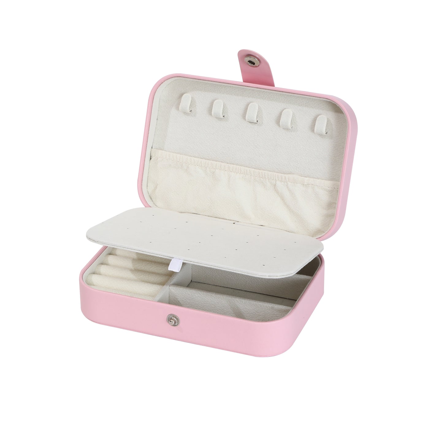 Portable double-layer imitation leather jewelry storage box - velvet interior, snap closure, can store earrings, necklaces, rings | Modern travel storage box with practical hook