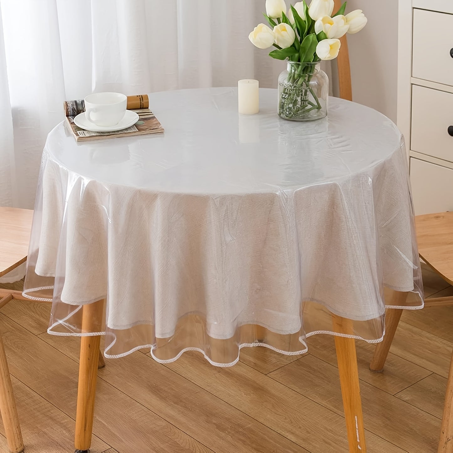 1pc Round Transparent Lock Edge Tablecloth, Vinyl Tablecloth, Waterproof, Oil-proof, Stain-proof Wipeable Plastic Tablecloth, Easy-to-clean Table Cover for Tabletop, Suitable for Events, Weddings, Banquets, Parties, Outdoor Gatherings