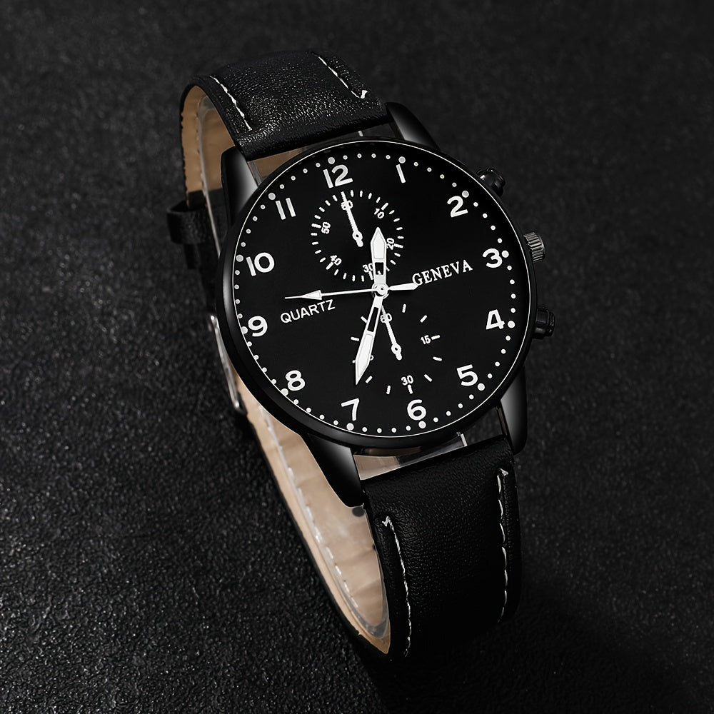 Men's Casual Quartz Watch and Faux Leather Bracelet Set -