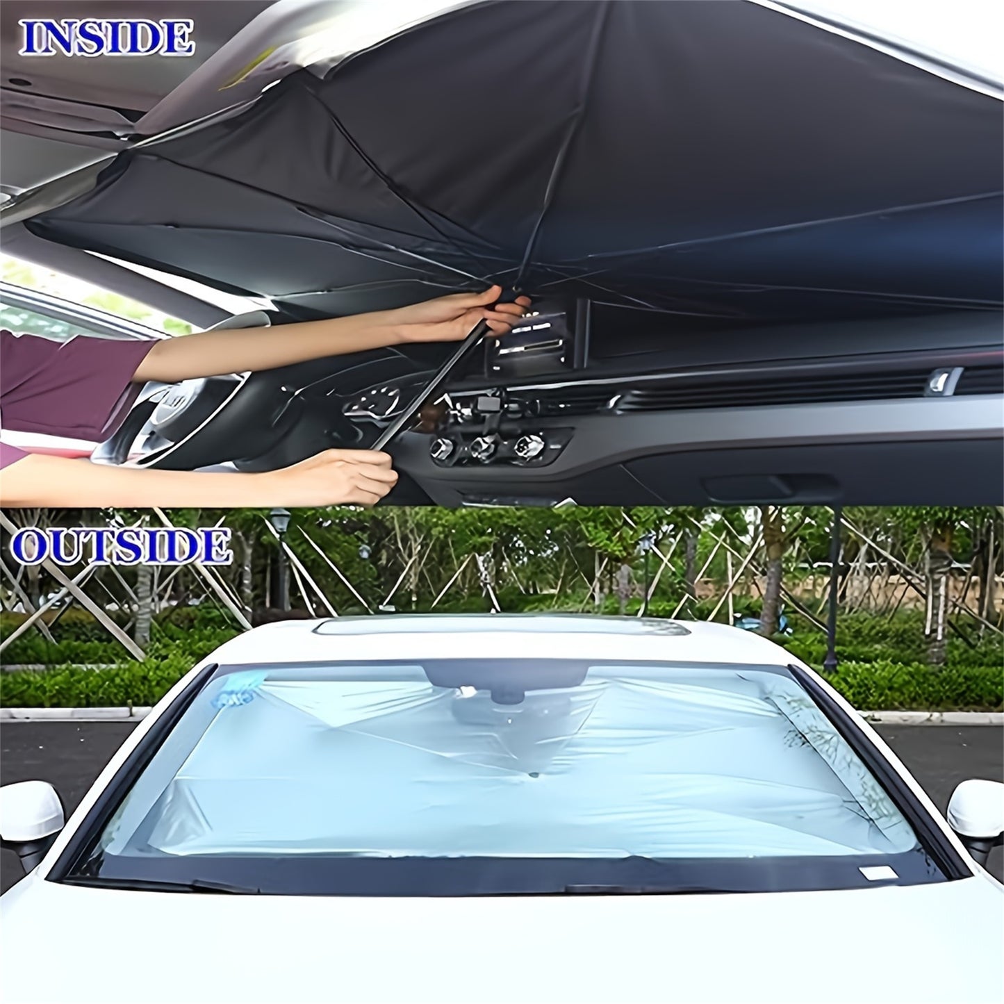 Portable foldable windproof sunshade | UV protection and heat reduction | Easy to use and store | Fits most models including SUV, MPV and trucks | Sunshade accessories