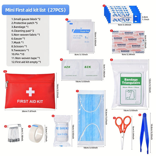 27-piece comprehensive first aid kit for home, car, camping, hiking - basic emergency preparedness equipment, including scissors, tweezers and multiple components - suitable for home use, adventure disaster response, portable and durable