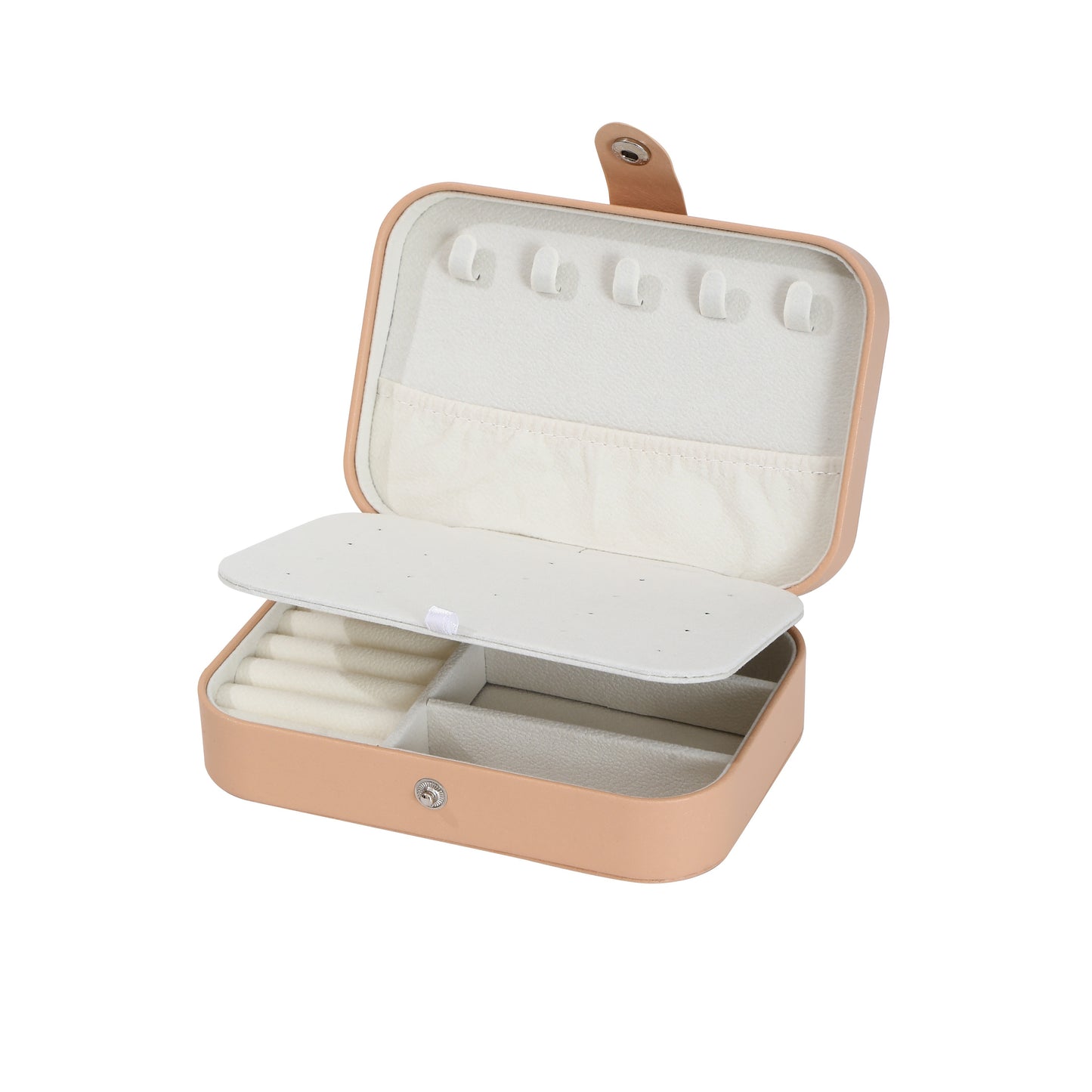 Portable double-layer imitation leather jewelry storage box - velvet interior, snap closure, can store earrings, necklaces, rings | Modern travel storage box with practical hook