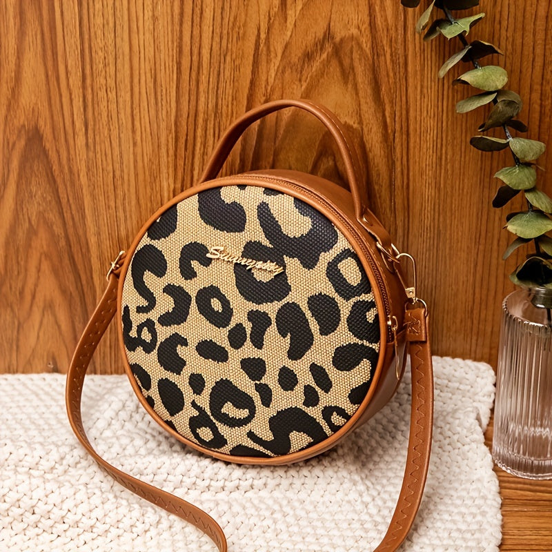 1pcs Girls Vintage Leopard Print Small Round Bag, Cute Small Fashion Handbag, Zipper Casual Shoulder Bag