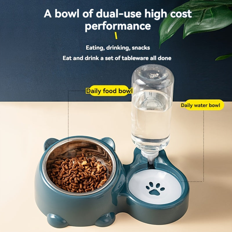 2 in 1 Pet Feeder with Automatic Drinking Fountain, Non-slip Tilt Stainless Steel Cat and Dog Food Bowl, No Batteries Required, No Power Supply Required, Automatic Feeder for Cats