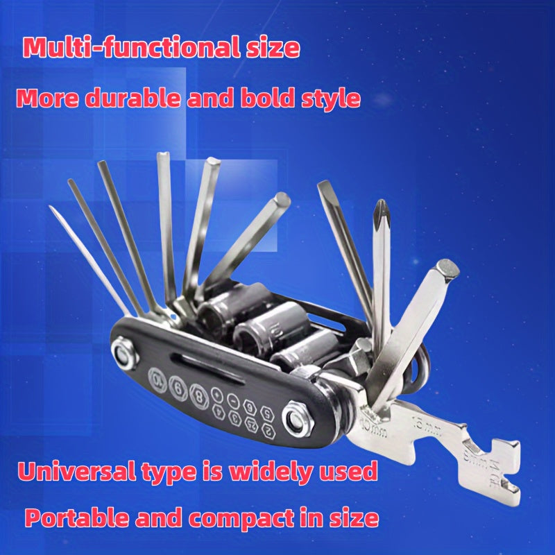 16 in 1 Stainless Steel Portable Folding Multi-Tool with Hex Key, Universal Screwdriver Set and Combination Wrench - Compact Multi-Purpose Pocket Tool Bag