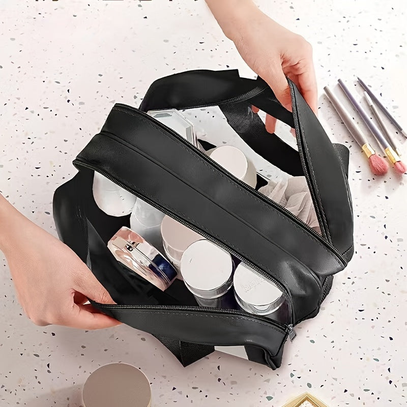 Chic PU waterproof cosmetic bag - large capacity, dry and wet separation, portable cosmetic storage bag, double layer storage