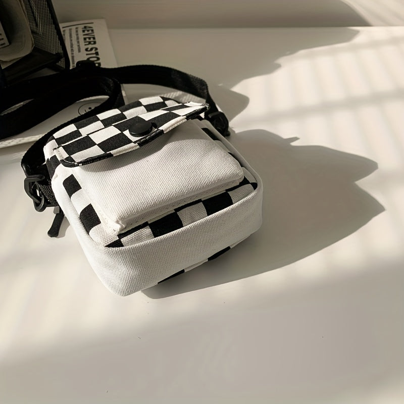 Check canvas crossbody bag, square wallet in front pocket, mini shoulder bag with space for phone and keys