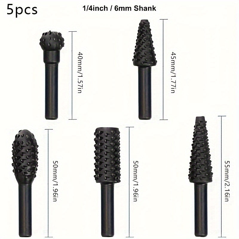 5pcs Wood Carving File Rasp Drill Bit Set - 1/4" 6mm Rotary Rasp Drill Bit for DIY Woodworking, Rotating Embossed Chisel Shaped Shank Tool, Burr Power Tools for Engraving, Polishing, Grinding