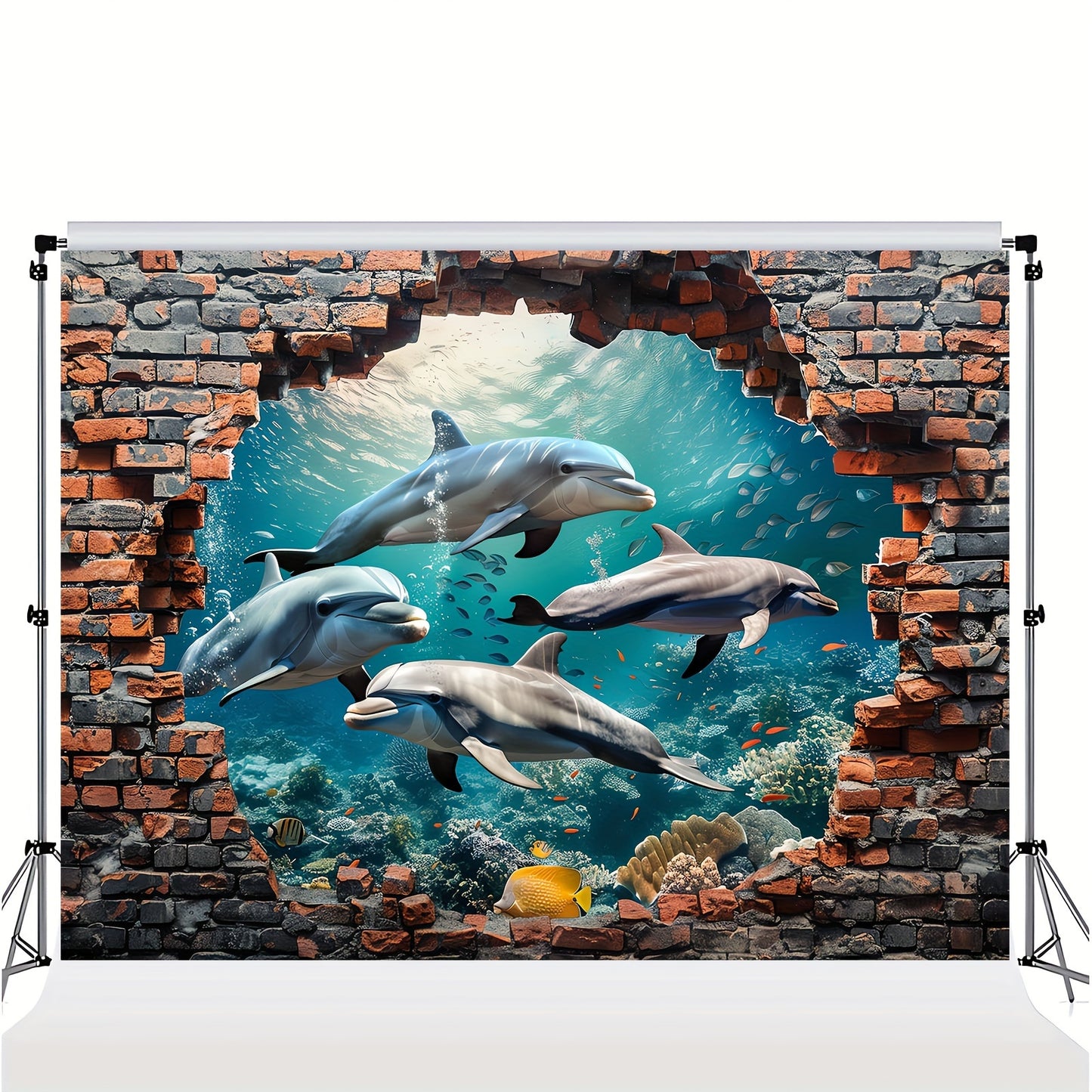 1pc Underwater World Shark and Dolphin Photography Background - Polyester Coral Seaweed Red Brick Mural for Summer Vacation, Room Decoration, Photo Booth, Party Supplies, Multi-purpose Banner, No Electricity Required