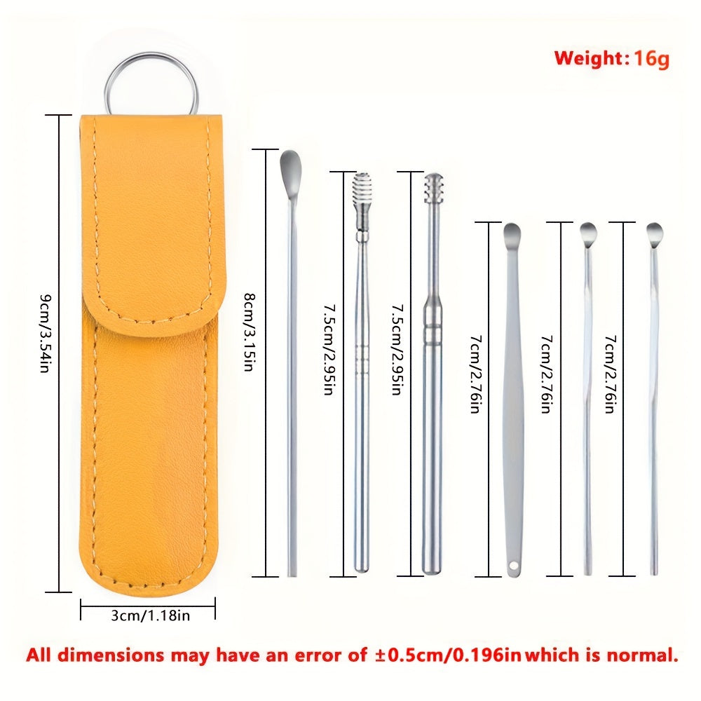 6 in 1 Stainless Steel Ear Wax Removal Tool Kit with PU Leather Case - Portable Ear Cleaner Set with Multiple Heads and Spoon for Ear Care in Stick Shape, No Batteries Required