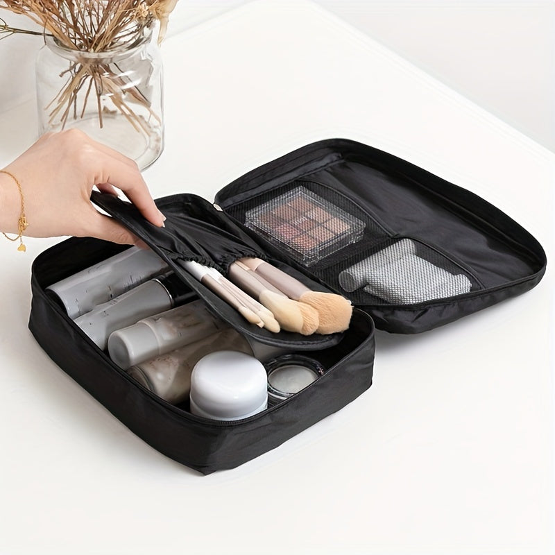 Versatile Black Canvas Cosmetic Bag with Secure Zipper - Waterproof, Multi-compartment Storage for Makeup and Toiletries, Great for Travel and Daily Use