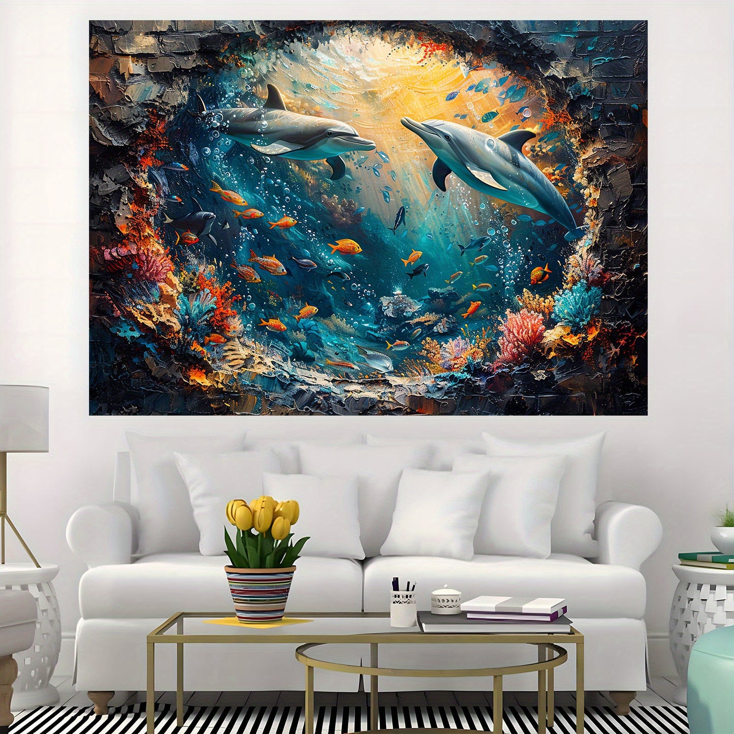 Underwater World Shark and Dolphin Backdrop - Polyester Photo Booth Props, Coral Reef and Red Brick Wall Mural, Party and Photo Studio Decoration, Multipurpose, No Electricity Required