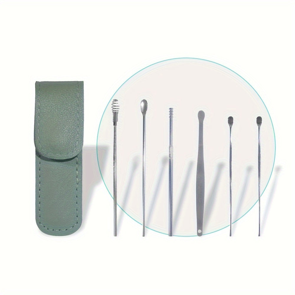 6 in 1 Stainless Steel Ear Wax Removal Tool Kit with PU Leather Case - Portable Ear Cleaner Set with Multiple Heads and Spoon for Ear Care in Stick Shape, No Batteries Required