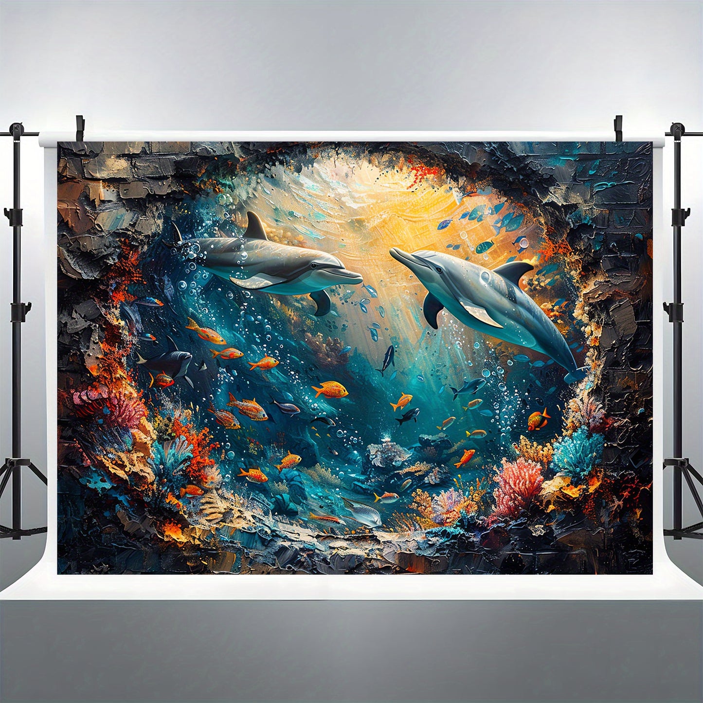 Underwater World Shark and Dolphin Backdrop - Polyester Photo Booth Props, Coral Reef and Red Brick Wall Mural, Party and Photo Studio Decoration, Multipurpose, No Electricity Required