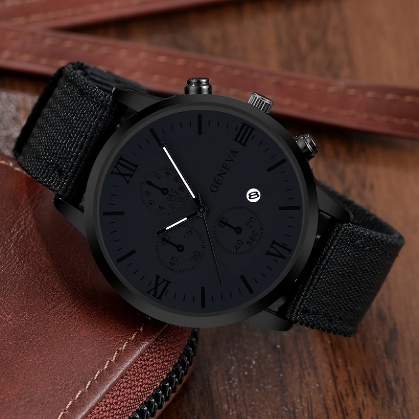4 Pieces Stylish Black Round Analog Digital Quartz Watches with Canvas Strap, 3 Bonus Bracelets and Calendar Indicator - Perfect Gift for Son, Husband, Father