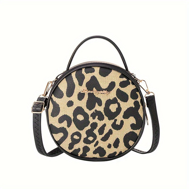 1pcs Girls Vintage Leopard Print Small Round Bag, Cute Small Fashion Handbag, Zipper Casual Shoulder Bag