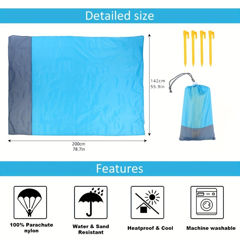 Extra Durable Waterproof Beach Mat - Sand and Moisture Resistant, Easy Clean Polyester Blend, 55" x 80" / Includes Stakes and Carabiners, Great for Camping, Picnics and Outdoor Adventures Blue / 140.0*200.0cm