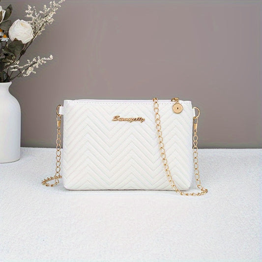 Fashion Striped Women's Clutch with Chain Shoulder Strap - Versatile Crossbody Bag, Faux Leather, Zipper Closure .WhiteClosure - Available in Black/White