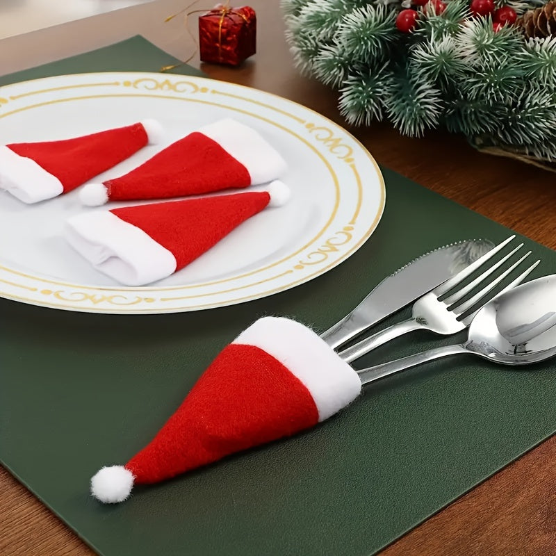 10-Piece Red Mini Santa Hat Cutlery Holder - Great for Holiday Table Decorations, Wine Bottle Caps and Kitchen Accessories