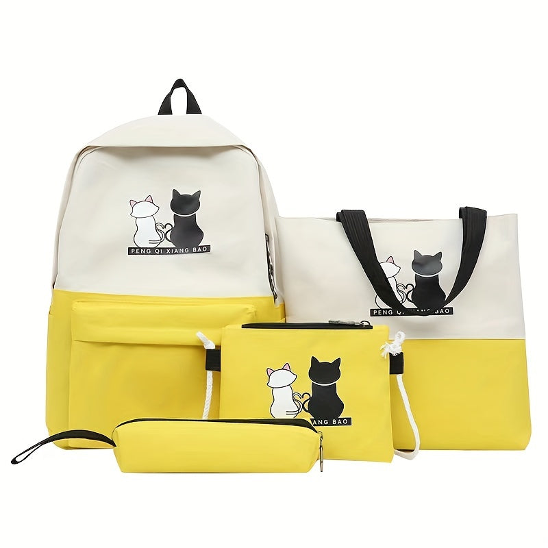 4-piece kitten print backpack set with matching tote, pencil case and wallet - durable oxford material with adjustable shoulder straps for travel and school