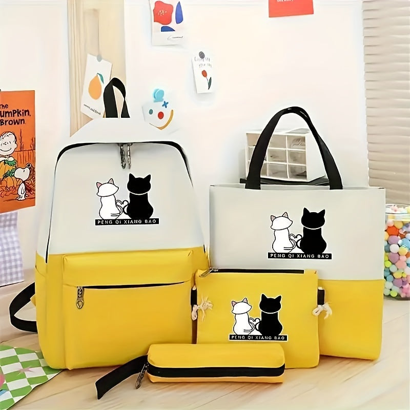 4-piece kitten print backpack set with matching tote, pencil case and wallet - durable oxford material with adjustable shoulder straps for travel and school