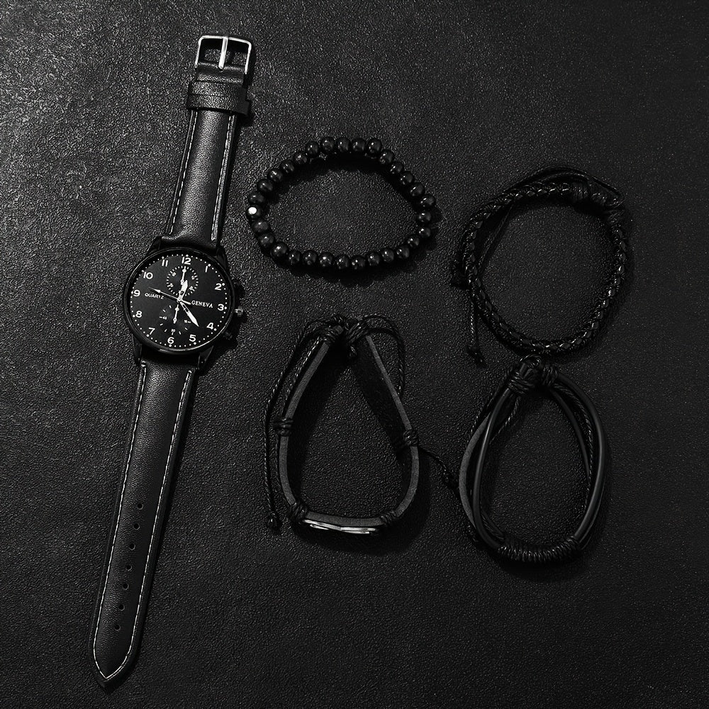 Men's Casual Quartz Watch and Faux Leather Bracelet Set -