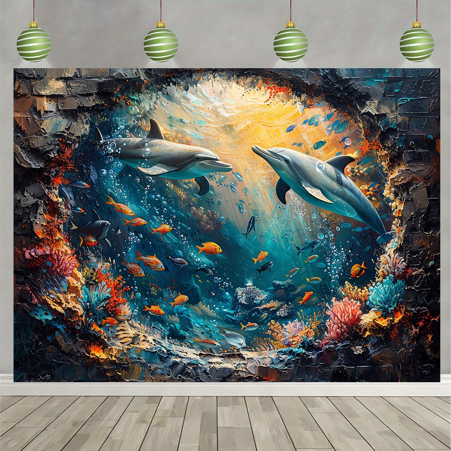 Underwater World Shark and Dolphin Backdrop - Polyester Photo Booth Props, Coral Reef and Red Brick Wall Mural, Party and Photo Studio Decoration, Multipurpose, No Electricity Required