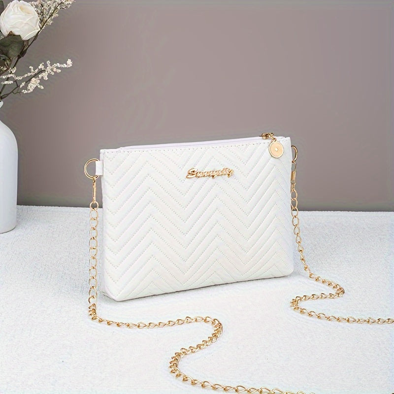 Fashion Striped Women's Clutch with Chain Shoulder Strap - Versatile Crossbody Bag, Faux Leather, Zipper Closure .WhiteClosure - Available in Black/White